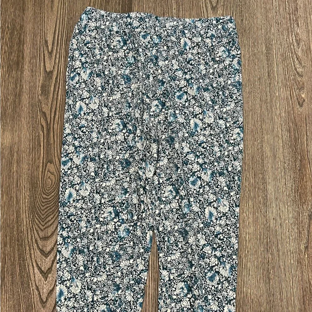 NWOT J. Jill Jogger Pants Floral High Rise Elastic Waist Blue White Size S